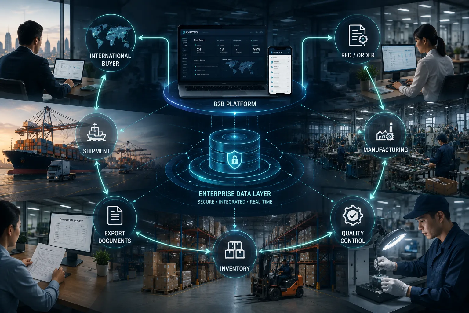Connected export manufacturer ecosystem linking buyer experience, product information, internal systems, and operational data.