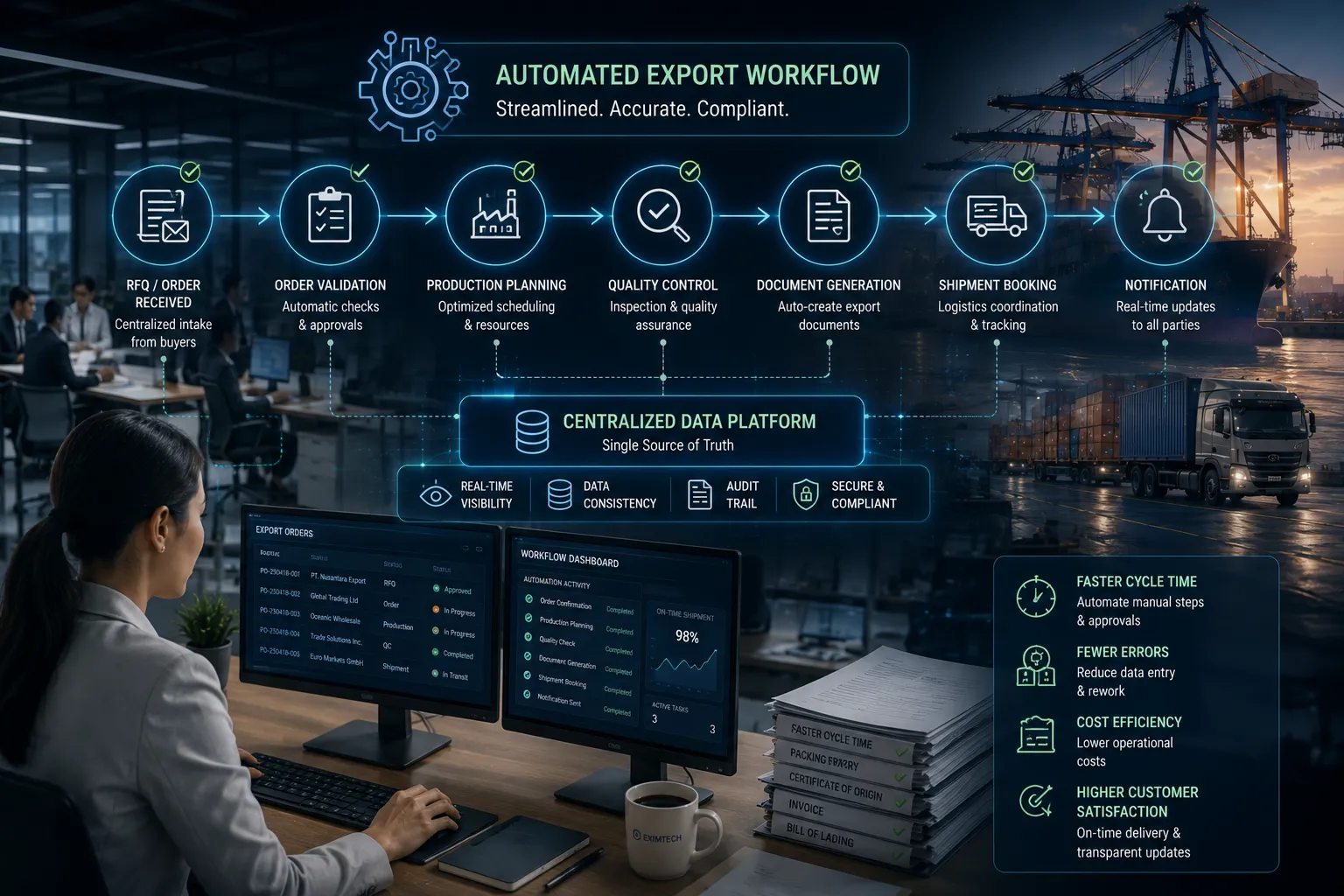 Export workflow connecting approvals, documentation, shipment coordination, task ownership, and operational visibility.