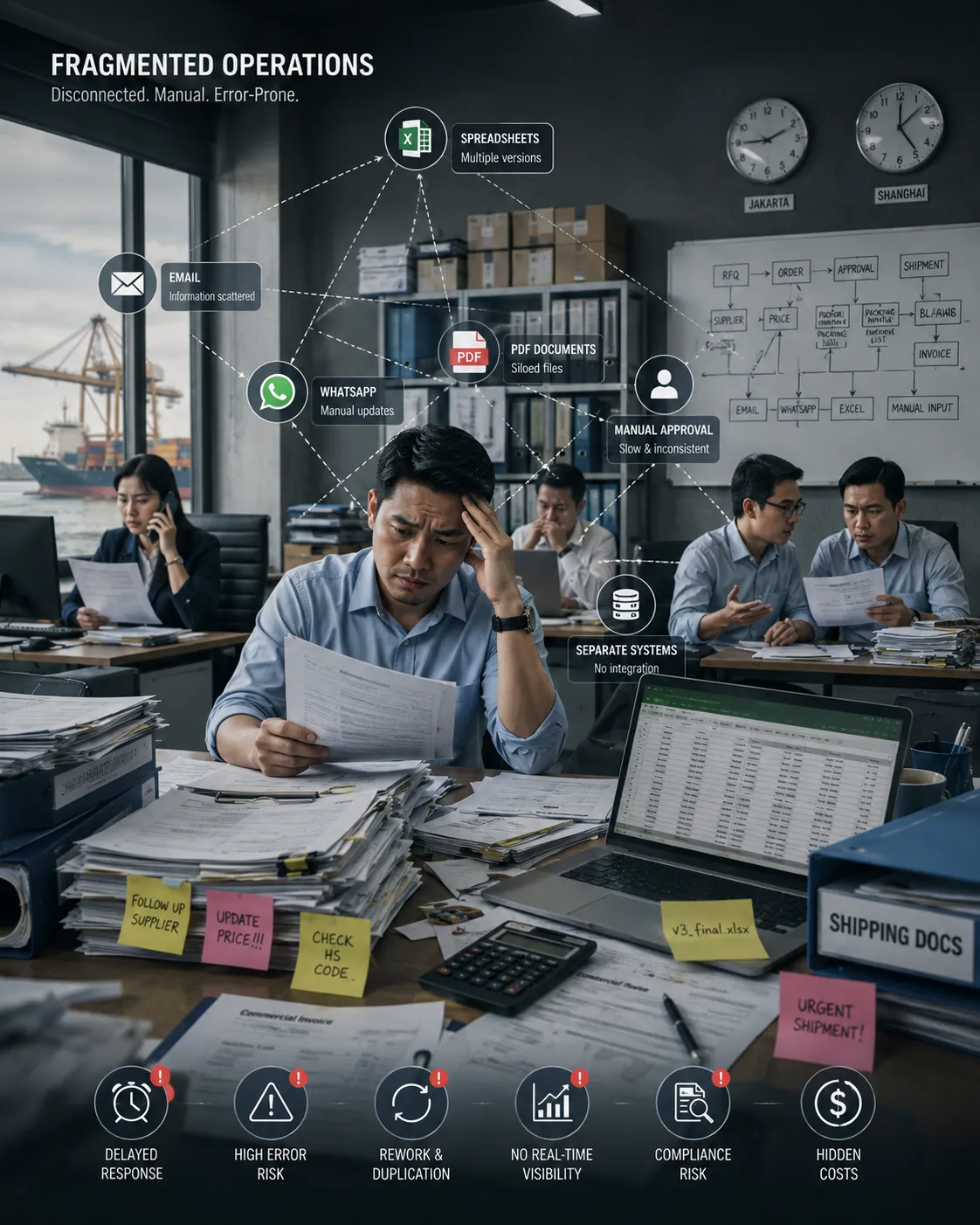 Fragmented trade operations relying on disconnected spreadsheets, email, documents, and manual approvals.