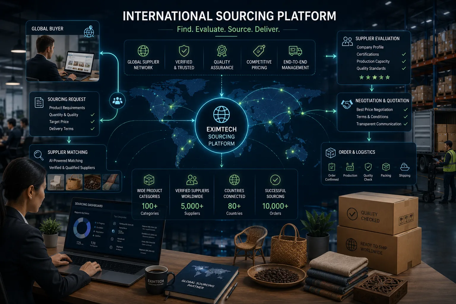 International sourcing workflow for supplier discovery, qualification, RFQs, evaluation, documents, and collaboration.