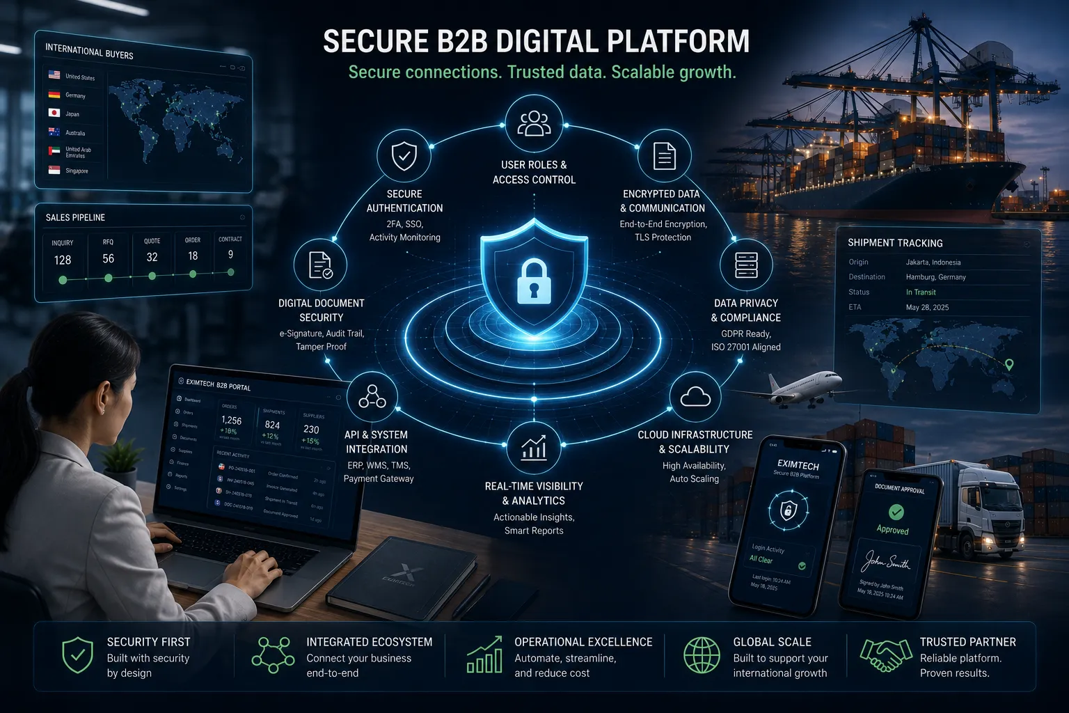 Secure B2B platform architecture with access control, monitoring, backup, infrastructure security, and operational controls.