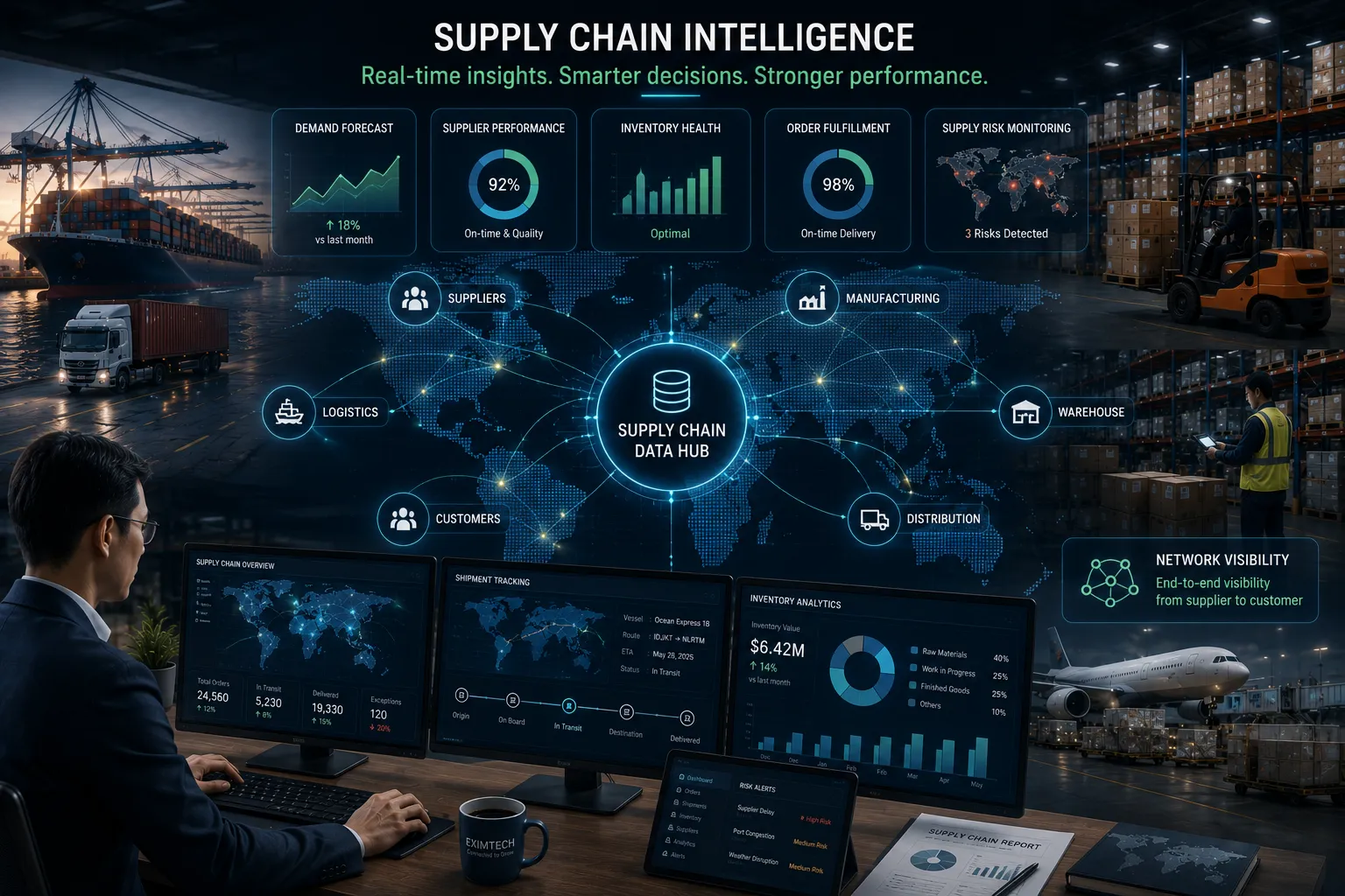 Supply chain intelligence connecting suppliers, orders, inventory, logistics, alerts, and management reporting.